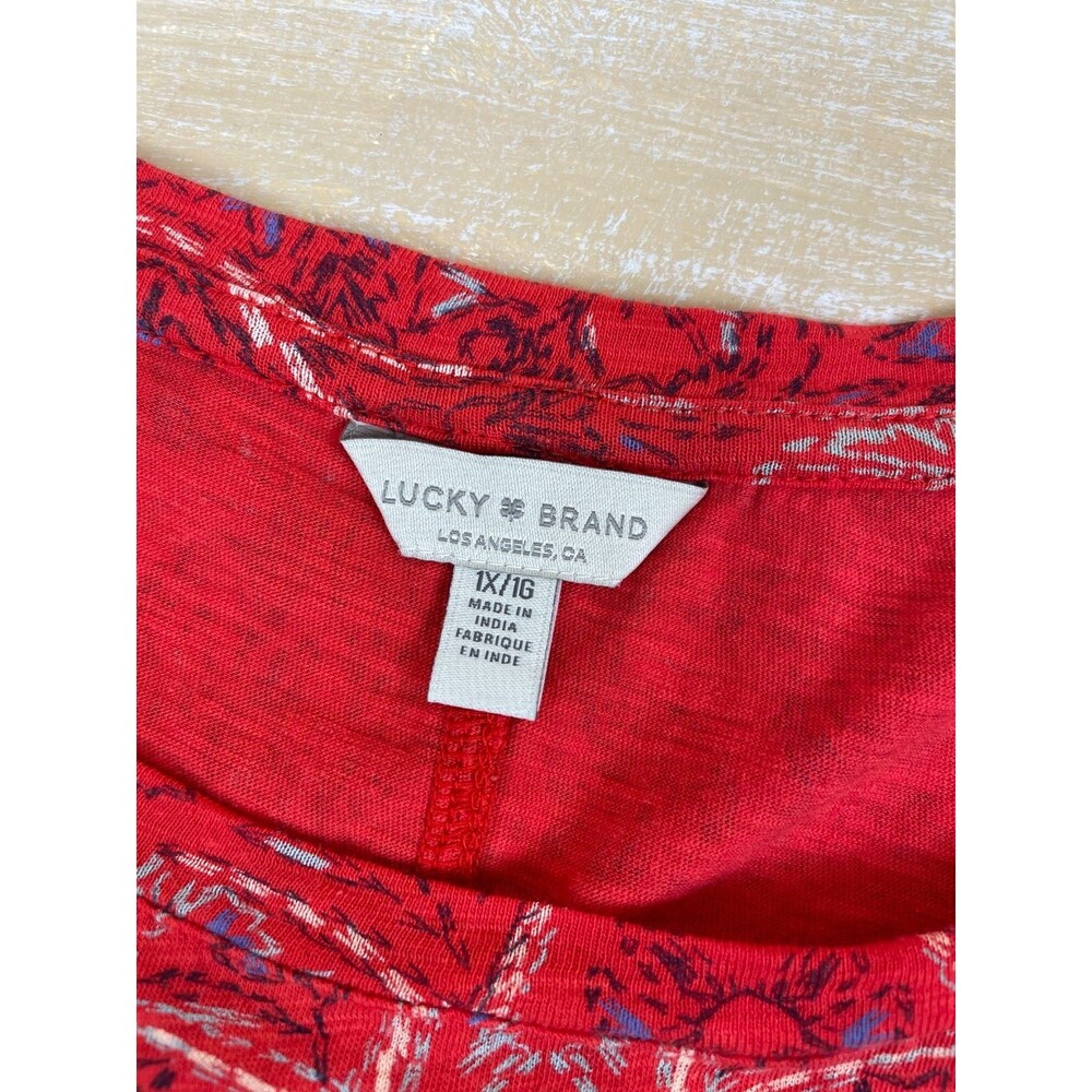 Lucky Brand Top Women's Size 1x Red Tunic Paisley Short Sleeve Boho Basic Soft - Picture 9 of 10